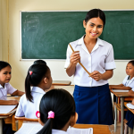 **A young woman teaching English to children in a vibrant Thai school, radiating passion and cultural immersion.** (This image captures the story of the colleague who went to Thailand to teach, representing global career opportunities).